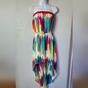Bebe 2b Colorful Strapless High Low Mini Maxi Dress Size XS Party Cocktail Sheer